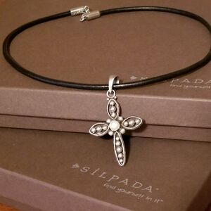 Silpada Sterling Silver & Leather Pearl Cross Necklace